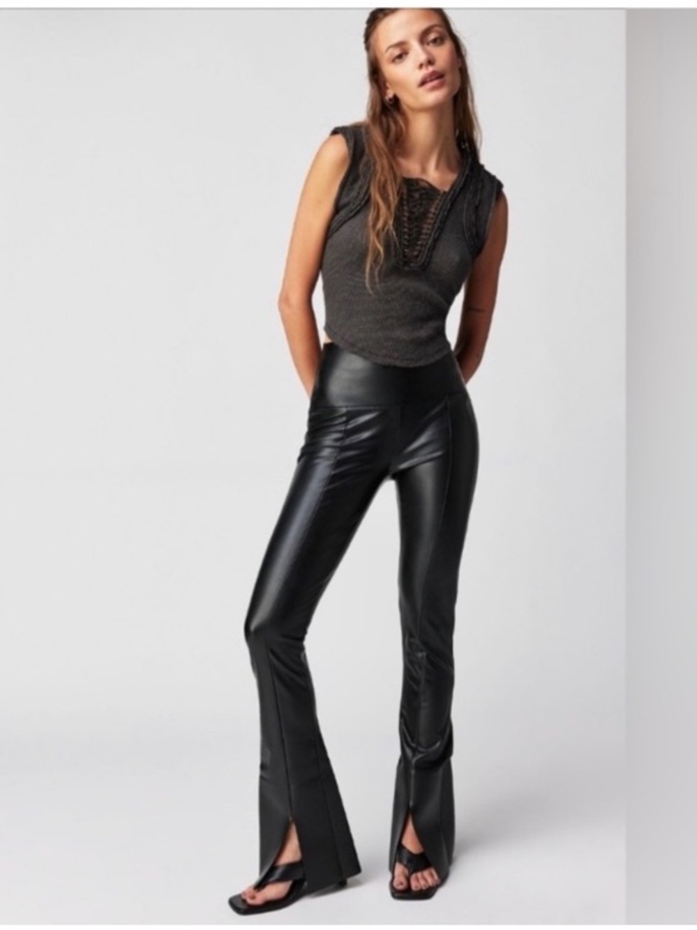 Norma Kamali Spat Black Faux Vegan Leather Slit Flare Leggings Large Size 36 Cut